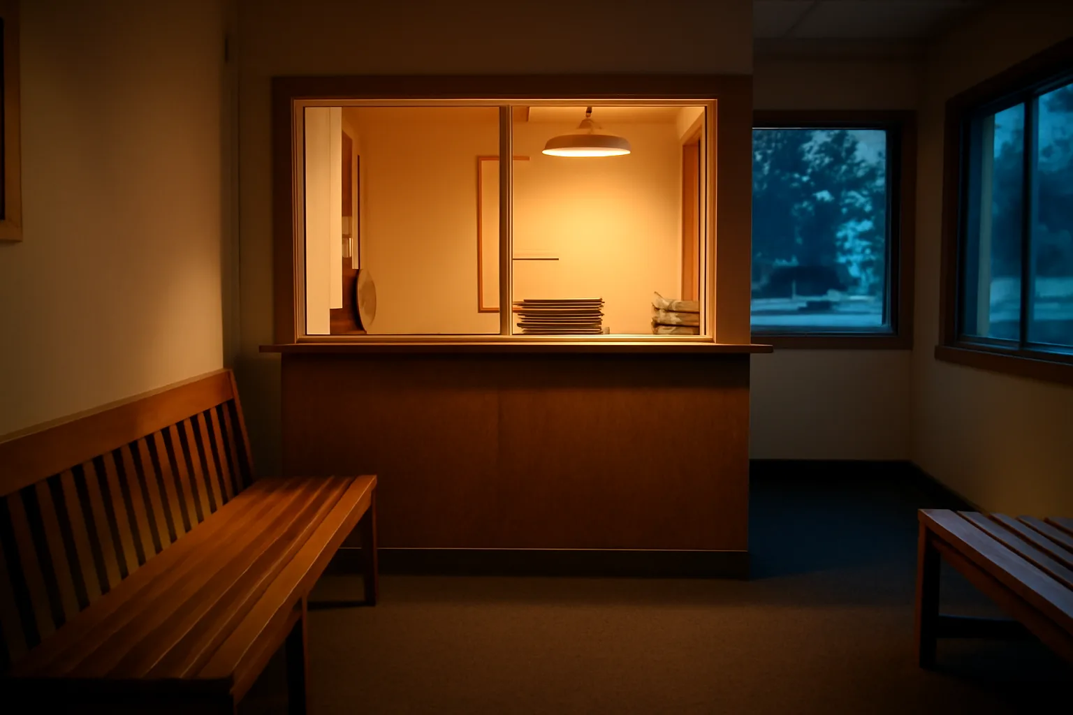 Quiet Anchorage veterinary waiting room at dusk with snow outside window