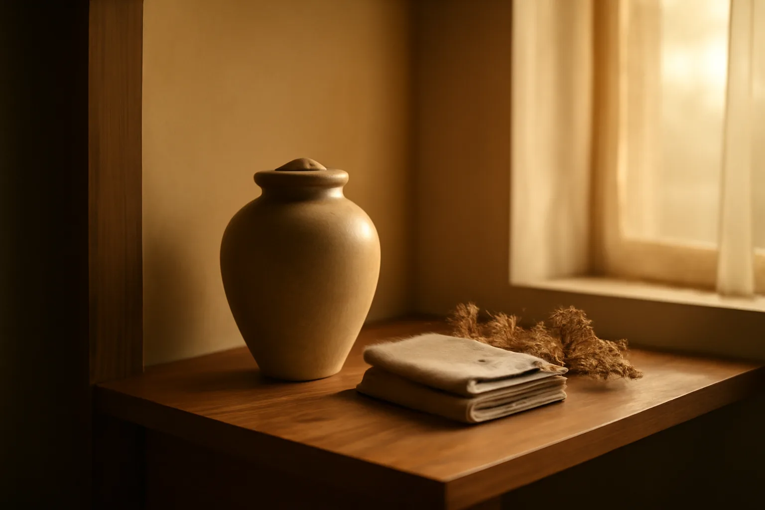 Ceramic pet cremation urn on a wooden shelf in warm afternoon light