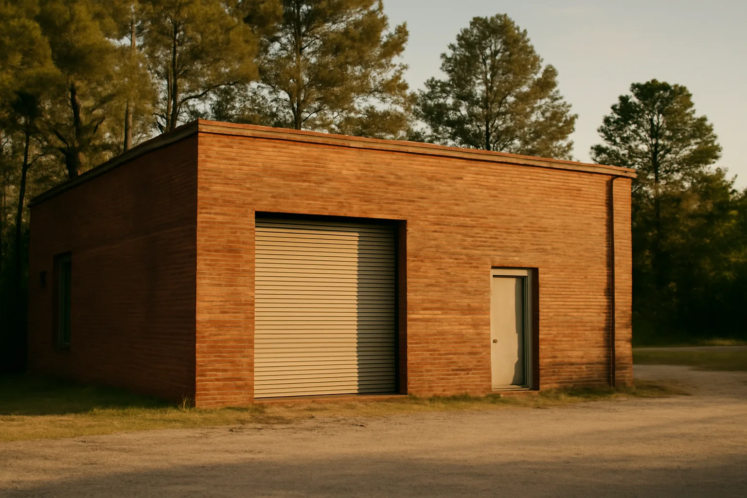 Small industrial building exterior in Alabama afternoon light with gravel lot and pine trees