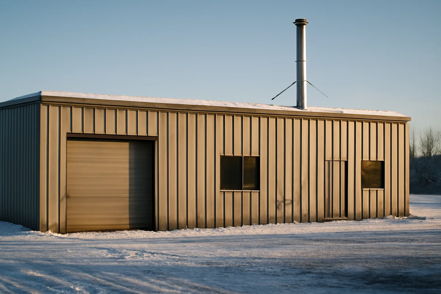 Small industrial facility with metal flue stack in Anchorage Alaska winter morning