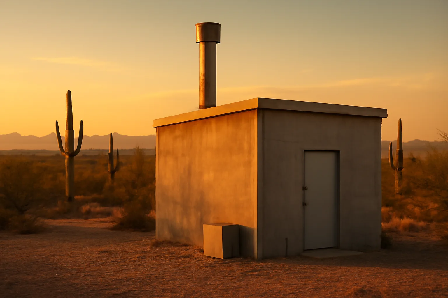 Small industrial building with exhaust stack in Arizona desert at golden hour