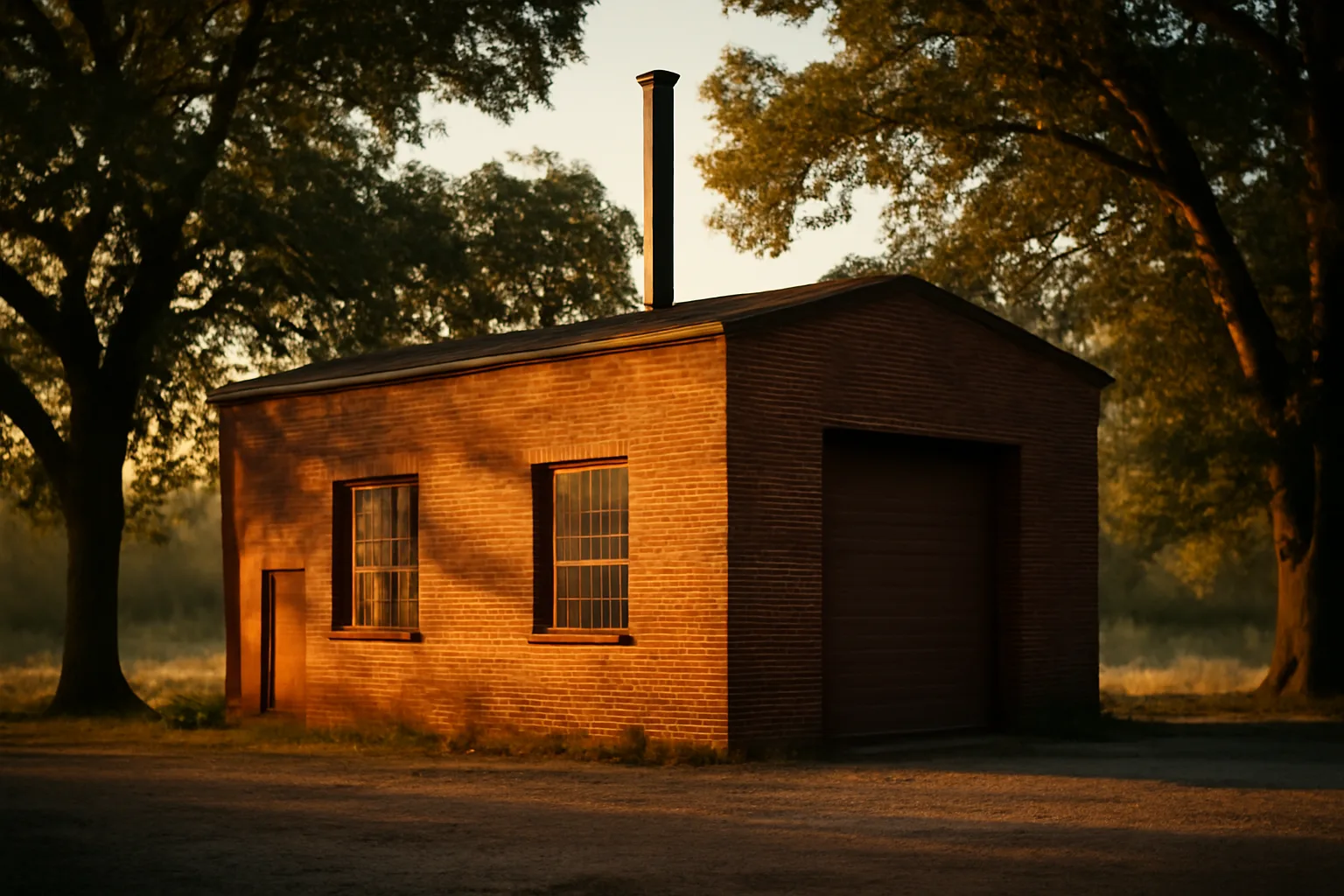 Small brick industrial building at dawn in rural Arkansas with exhaust stack