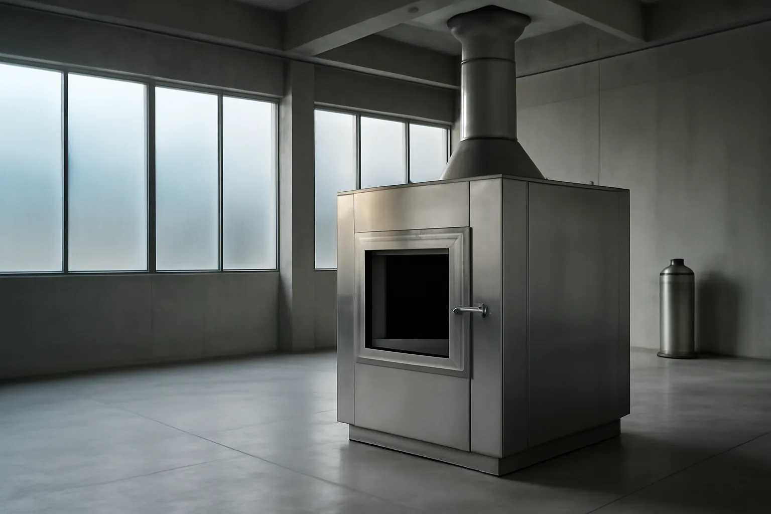 Empty pet cremation facility interior with stainless steel retort unit and concrete floor