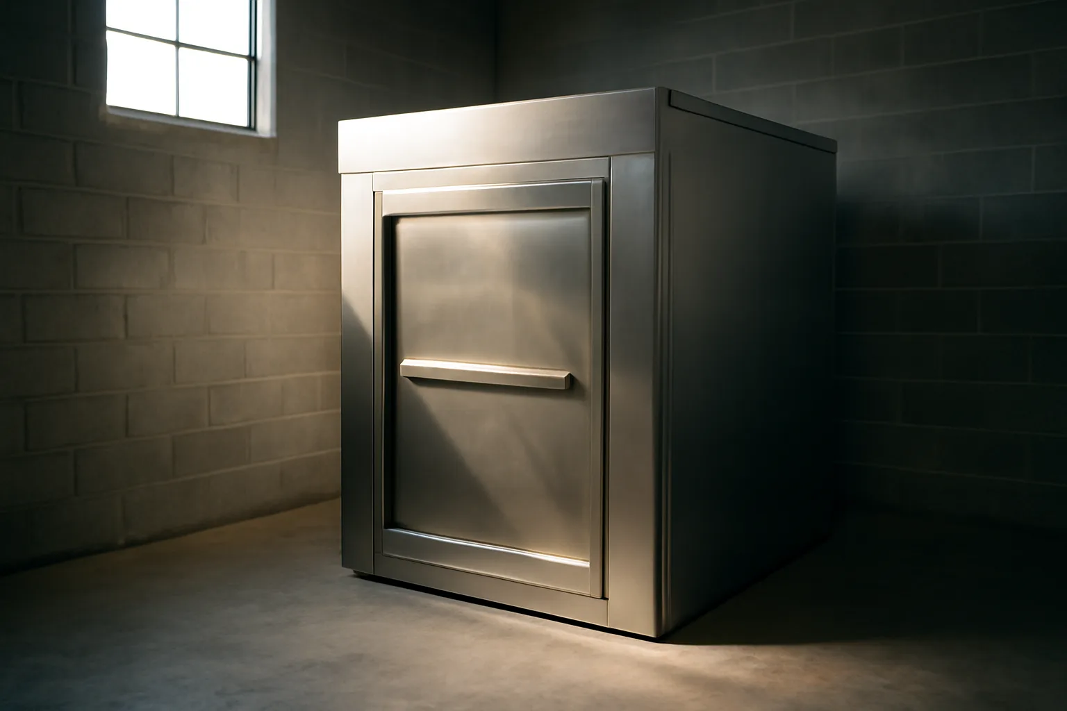 Closed steel pet cremation chamber in an empty Delaware workshop