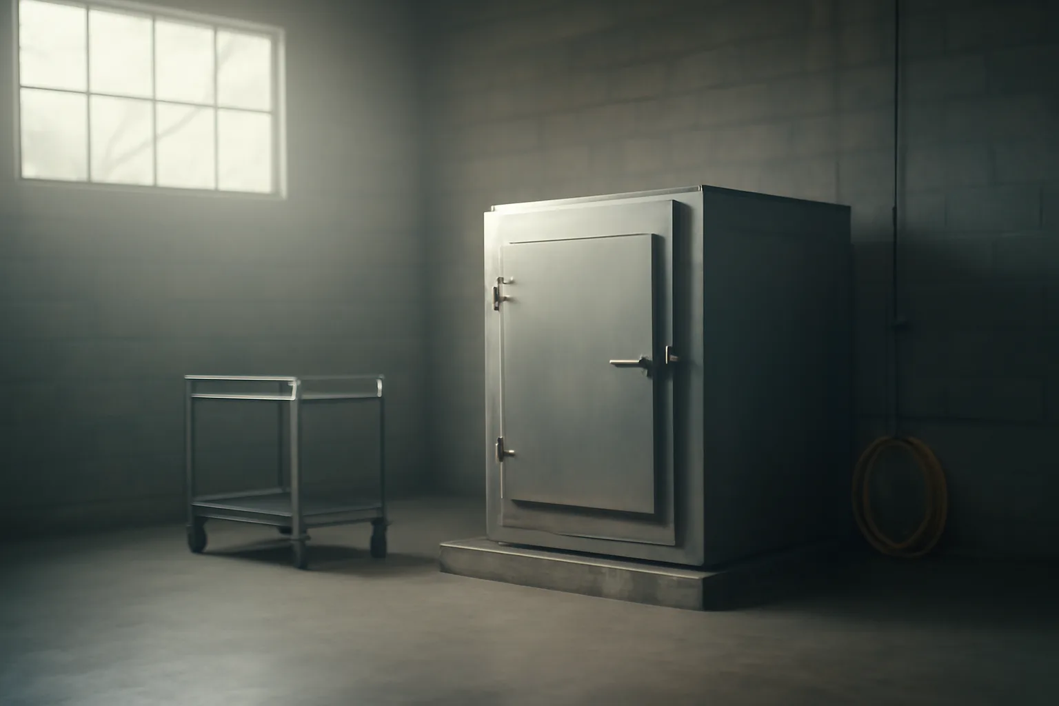 Stainless pet cremation chamber in an empty Florida warehouse