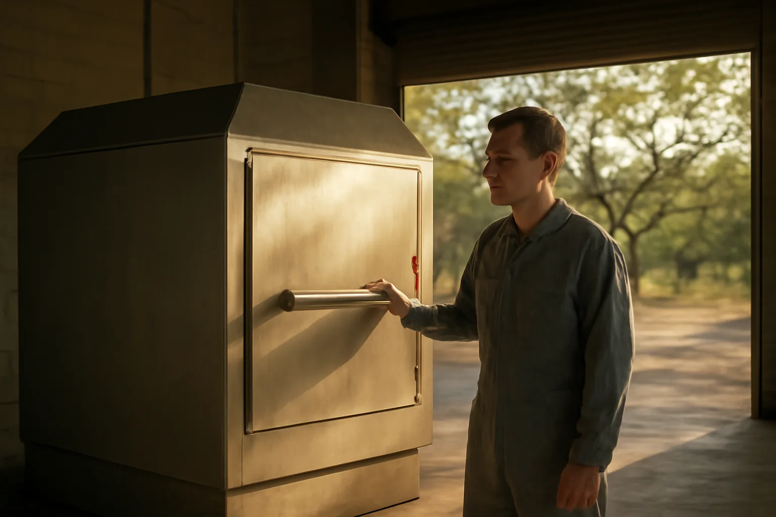 Worker beside a pet cremation chamber in an Oahu warehouse bay