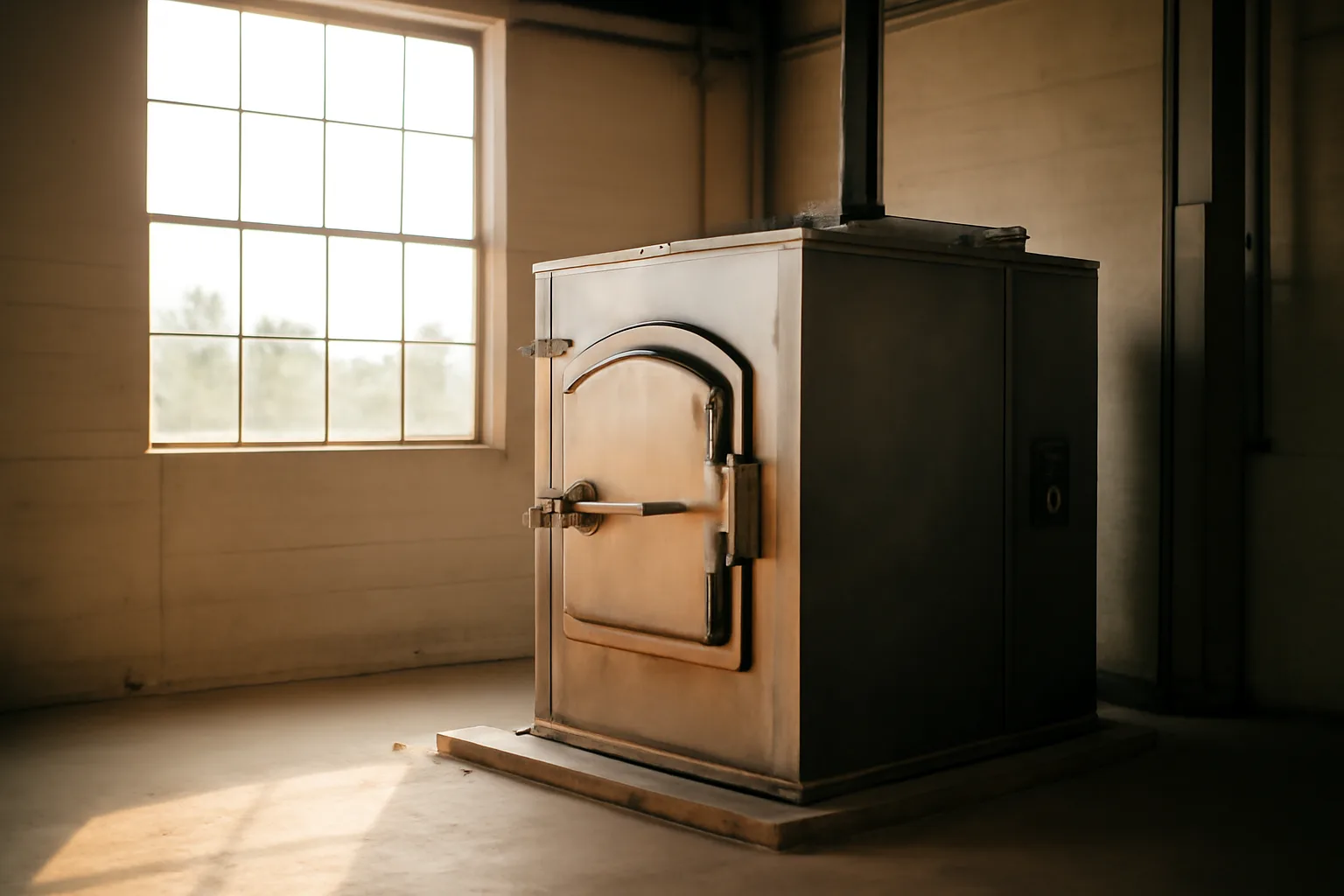Pet cremation retort inside a clean Alabama industrial building in morning light