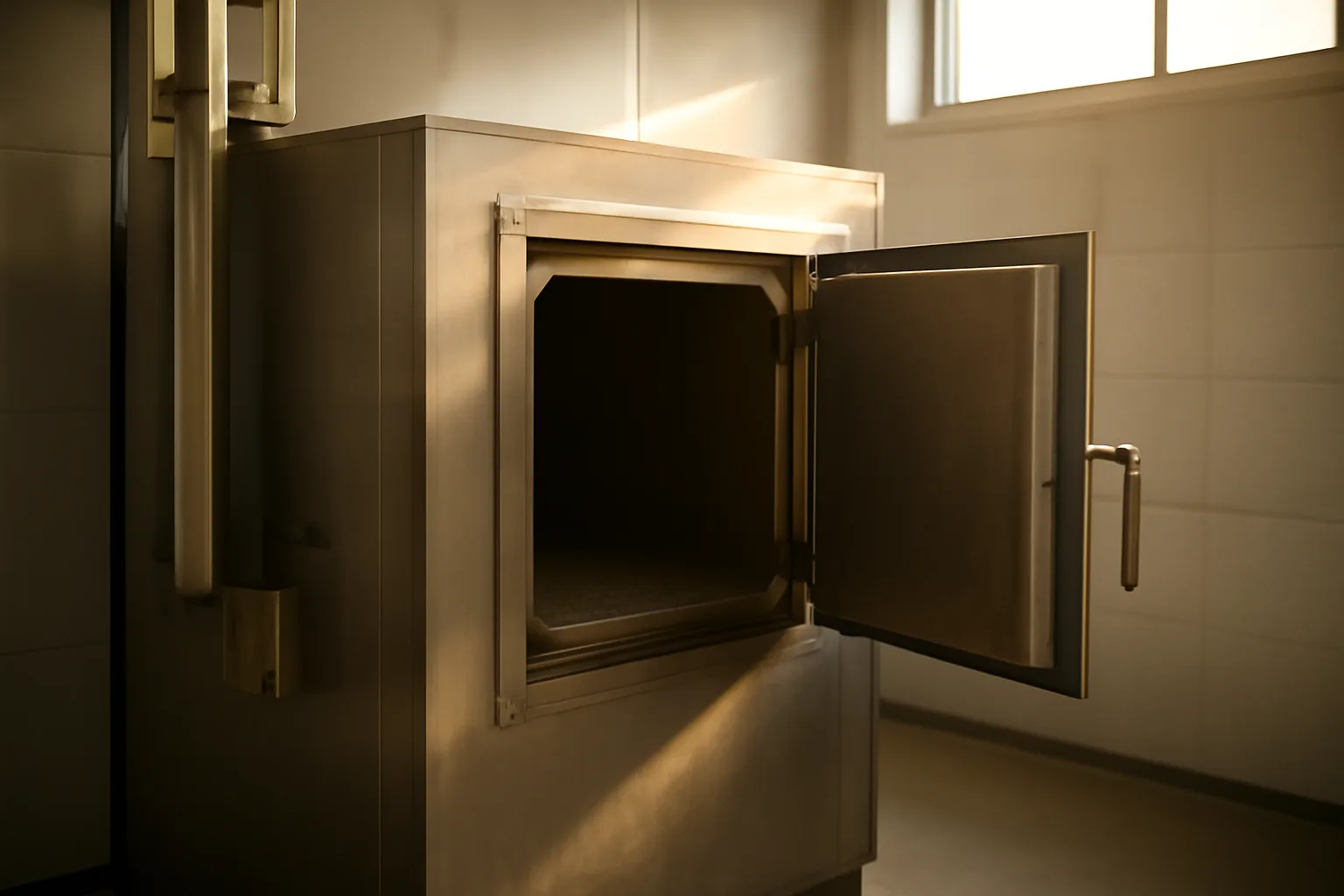Open retort chamber in a pet cremation facility lit by afternoon light