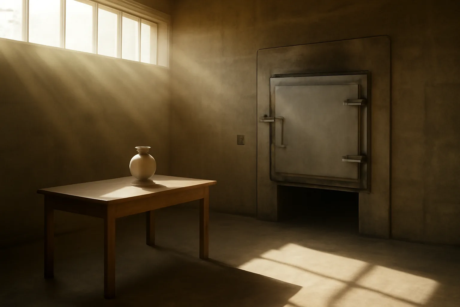 Steel pet cremation retort in a sunlit California warehouse