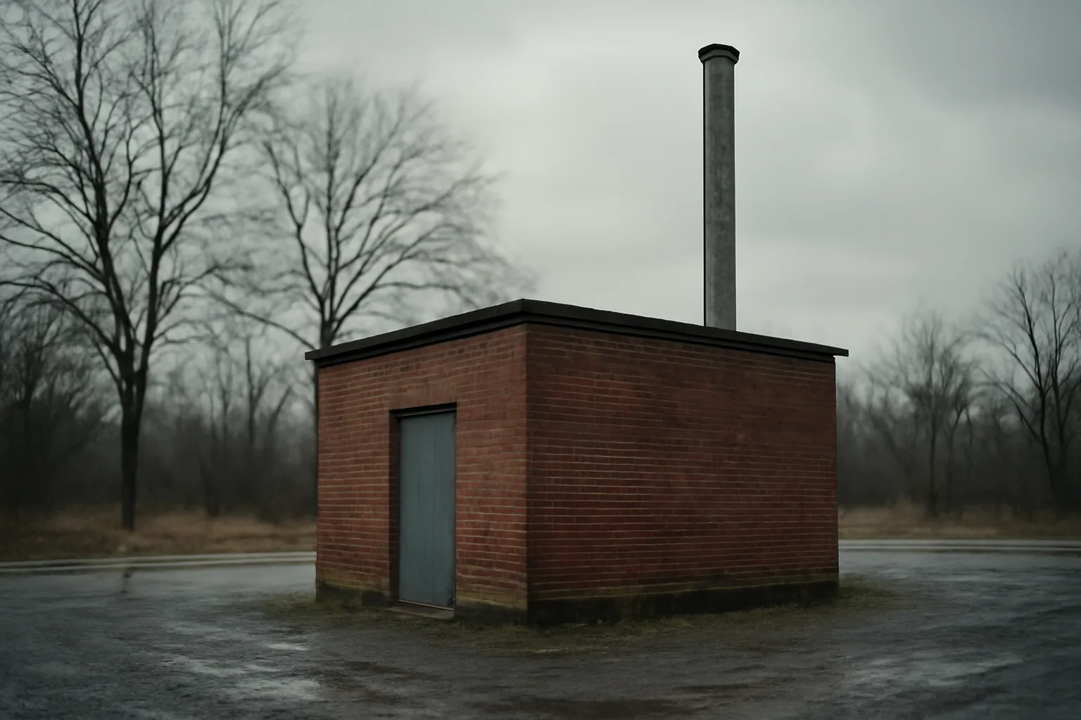Bare brick Delaware pet cremation building and metal stack