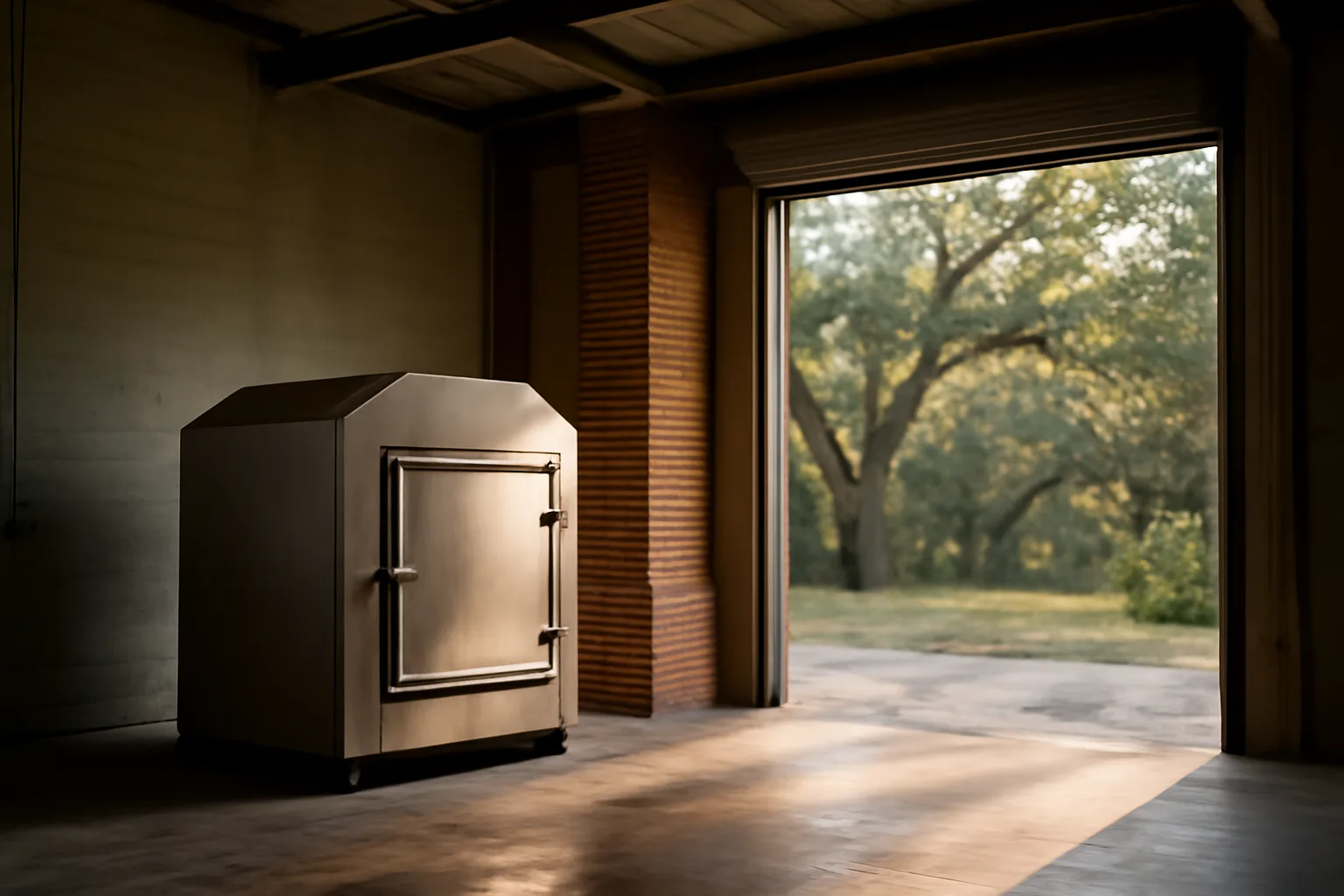 Closed steel pet cremation chamber inside a Florida industrial bay