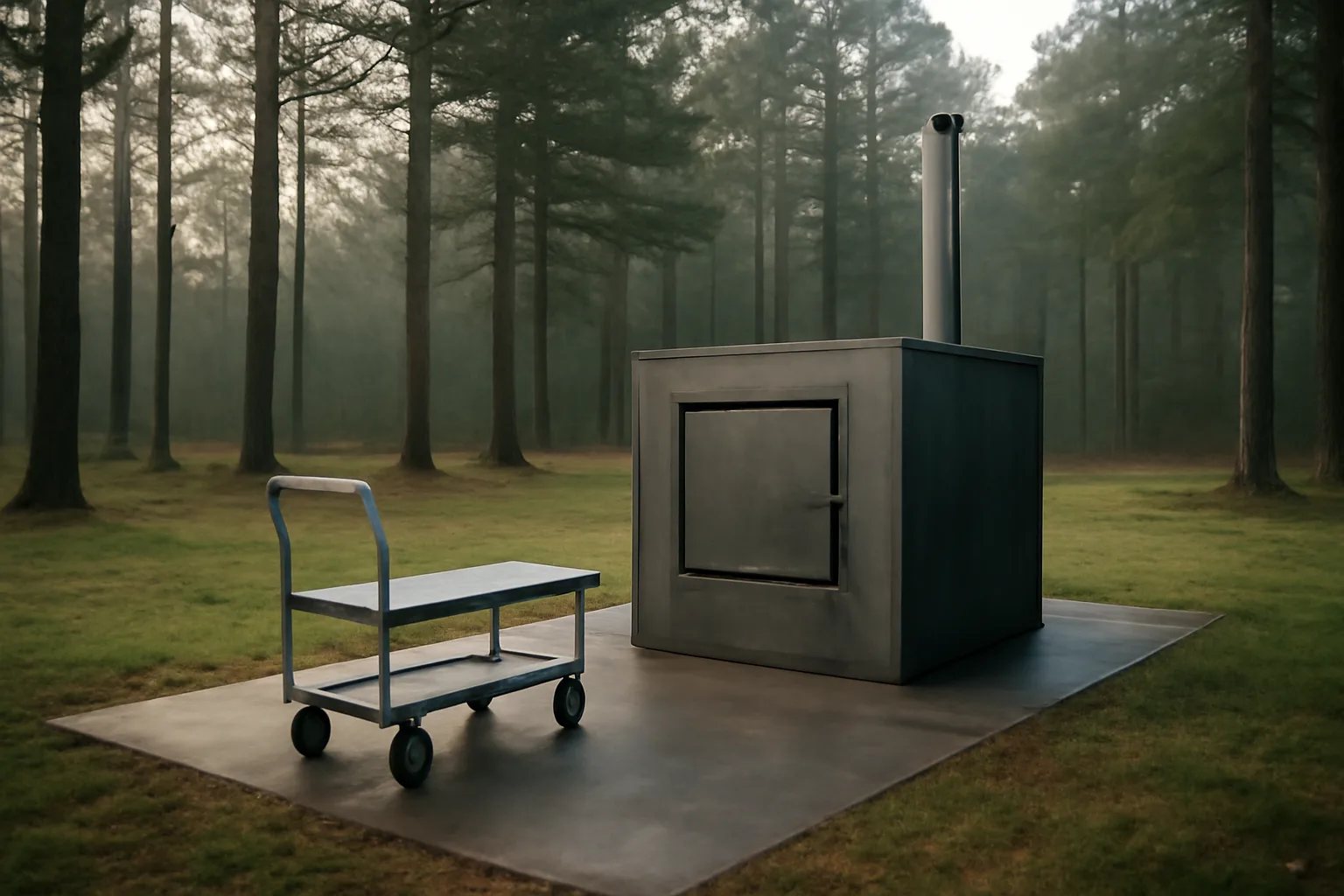 Steel pet cremation chamber on a rural Georgia pad in winter