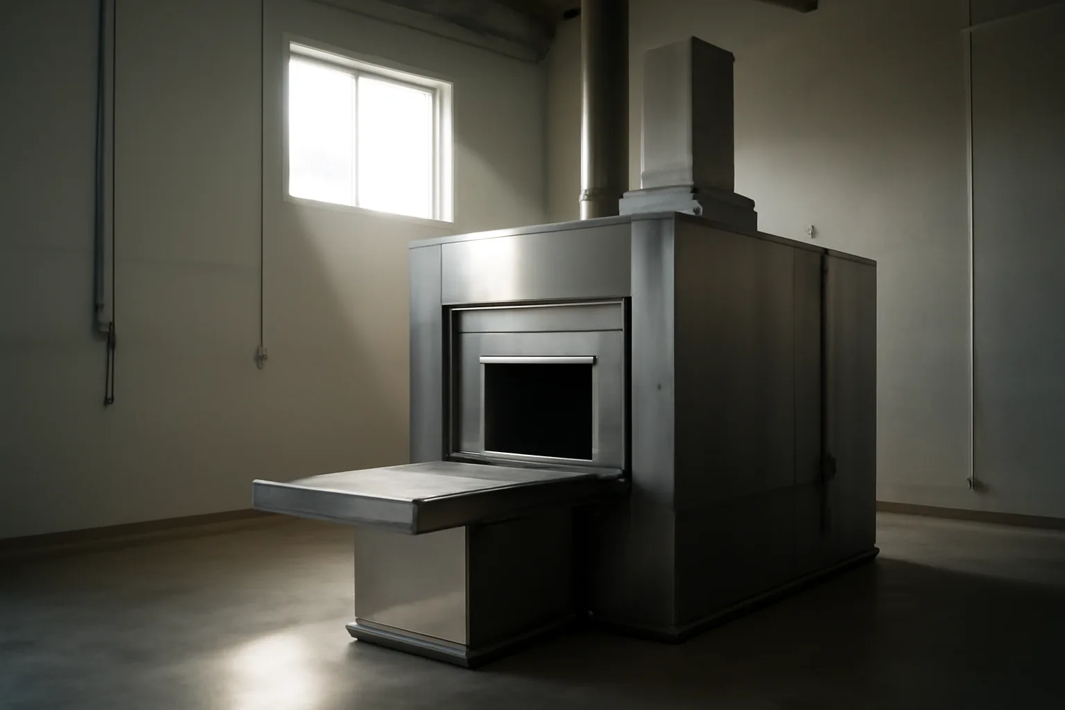 Stainless steel pet cremation retort inside an Alaska industrial facility in morning light