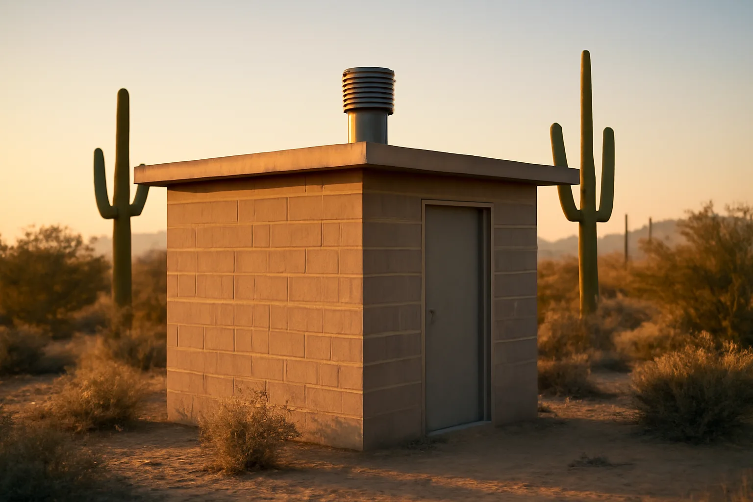 Small industrial facility in Arizona desert with ventilation stack at sunrise