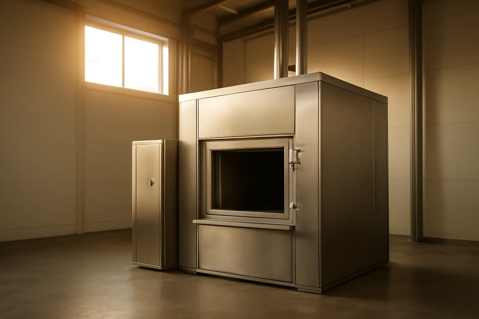 Stainless steel pet cremation retort inside an Arkansas crematory facility