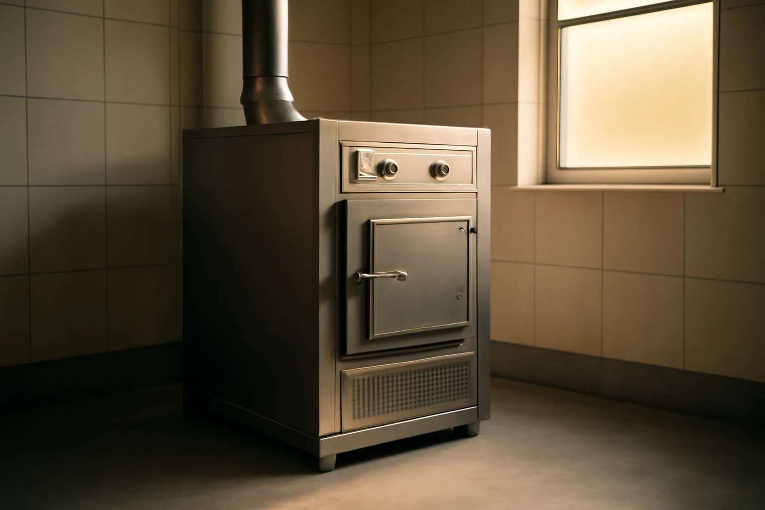 Clean industrial pet crematory room with a retort machine under warm natural light