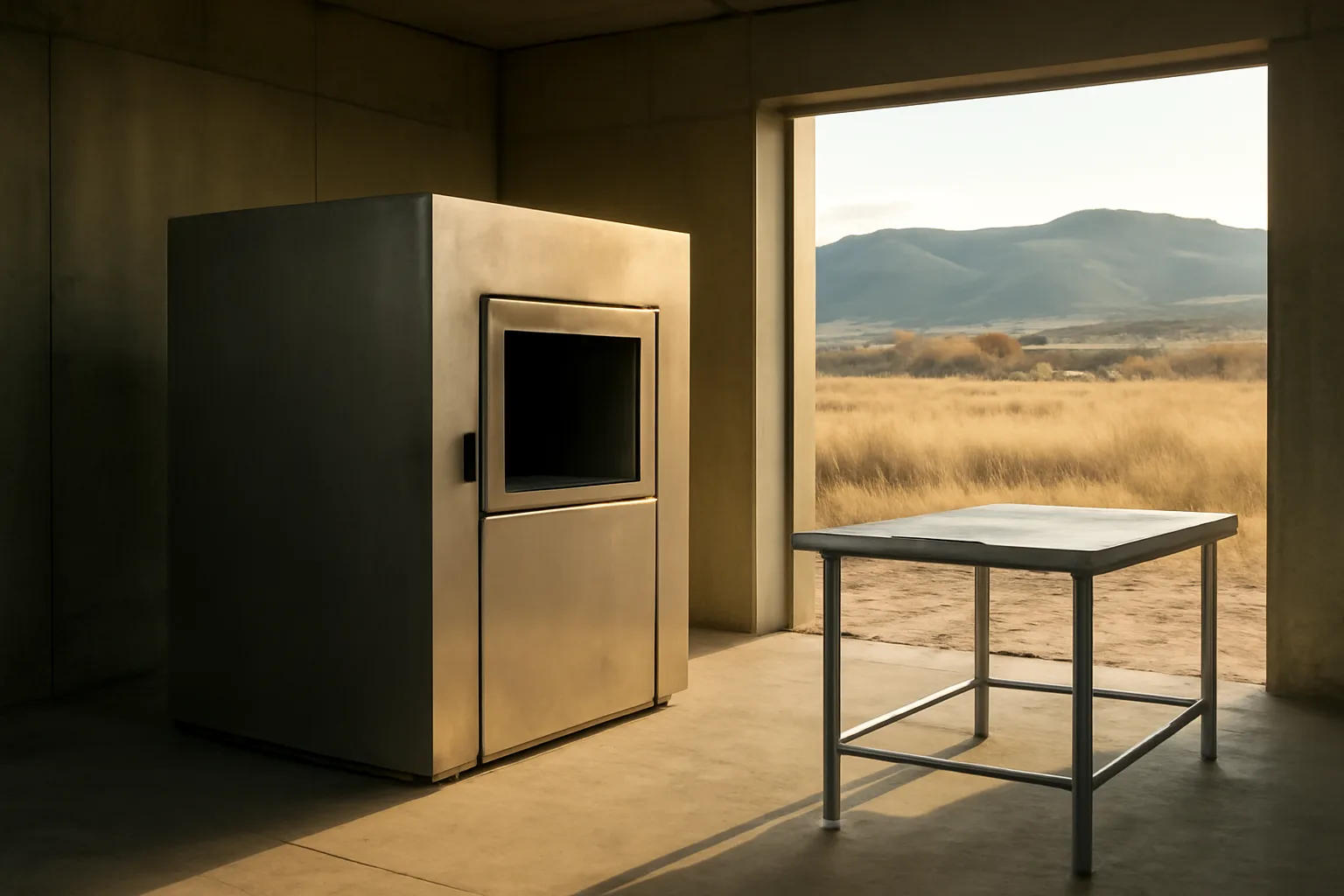 Steel pet cremation chamber in a Colorado foothills equipment bay