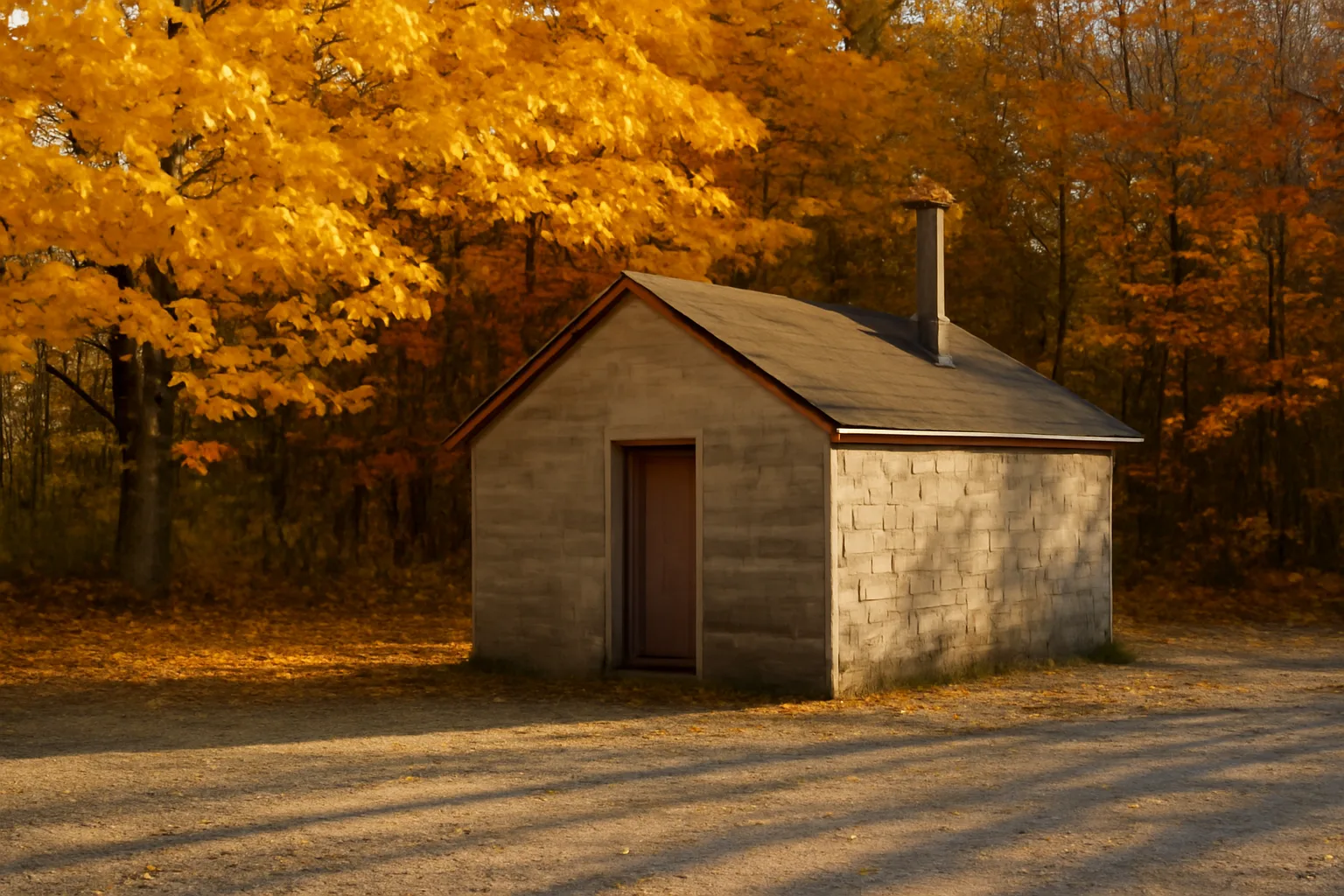 Rural Connecticut outbuilding used for pet cremation in autumn light