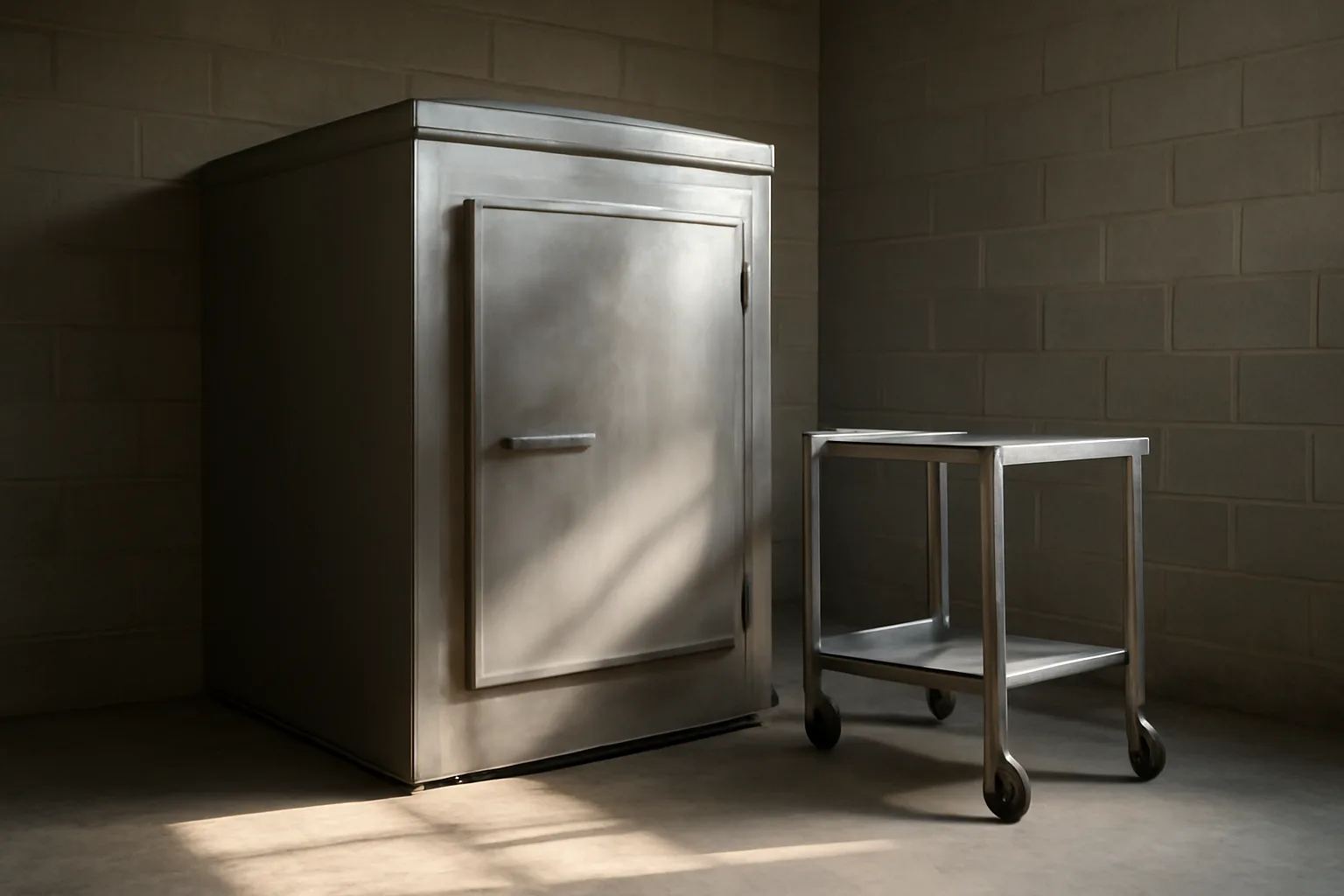 Unmarked steel pet cremation chamber in a cinderblock utility room