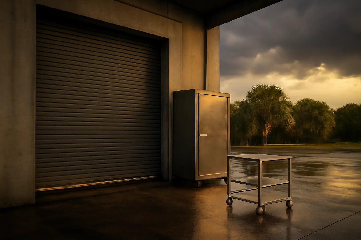 Steel pet cremation retort in a Tampa warehouse after rain