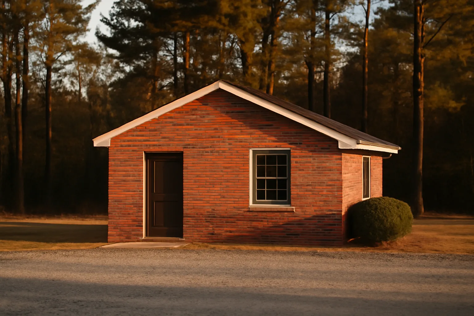 Small pet cremation facility exterior in Alabama at golden hour with pine trees