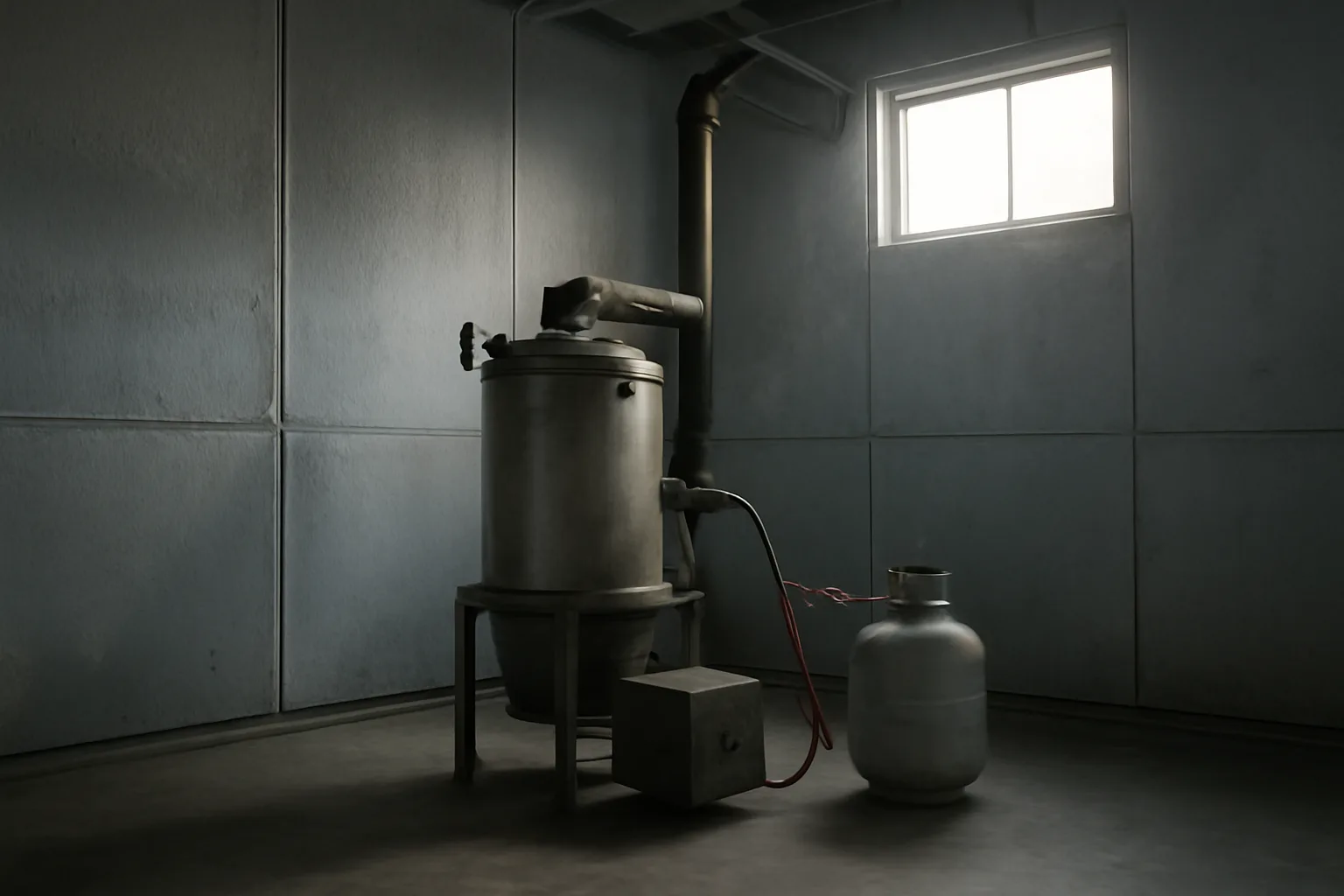 Pet cremation retort inside an Alaska facility with winter light and frost on walls