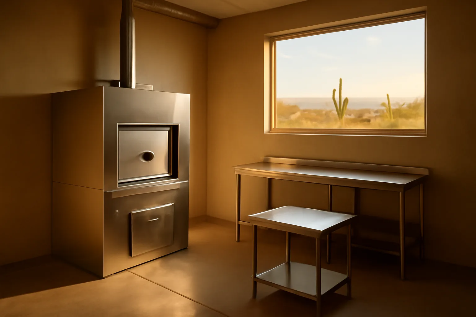 Pet crematory retort room in Arizona with warm afternoon light and clean surfaces