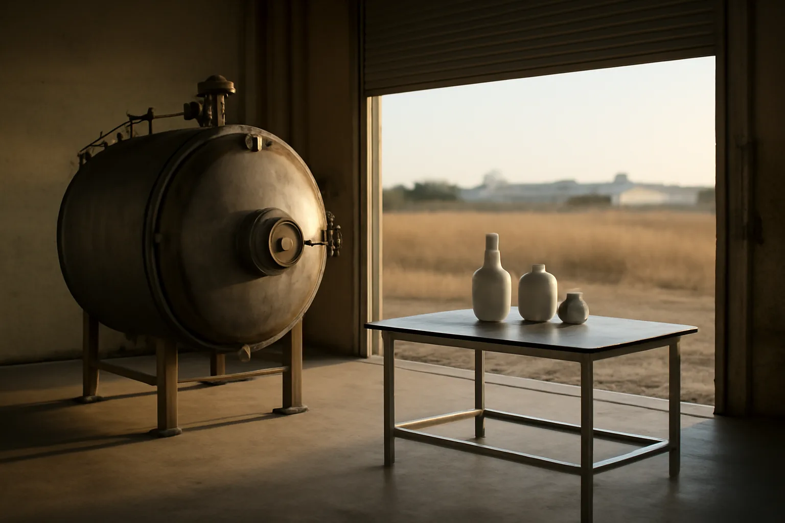 Closed steel pet cremation retort in a sunlit California warehouse bay