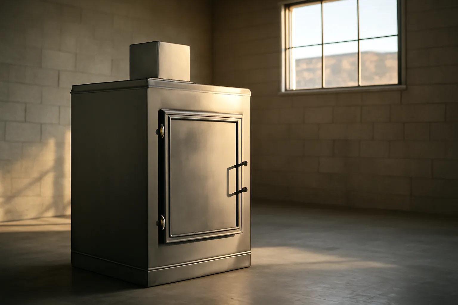 Stainless pet cremation retort in a Colorado warehouse at morning