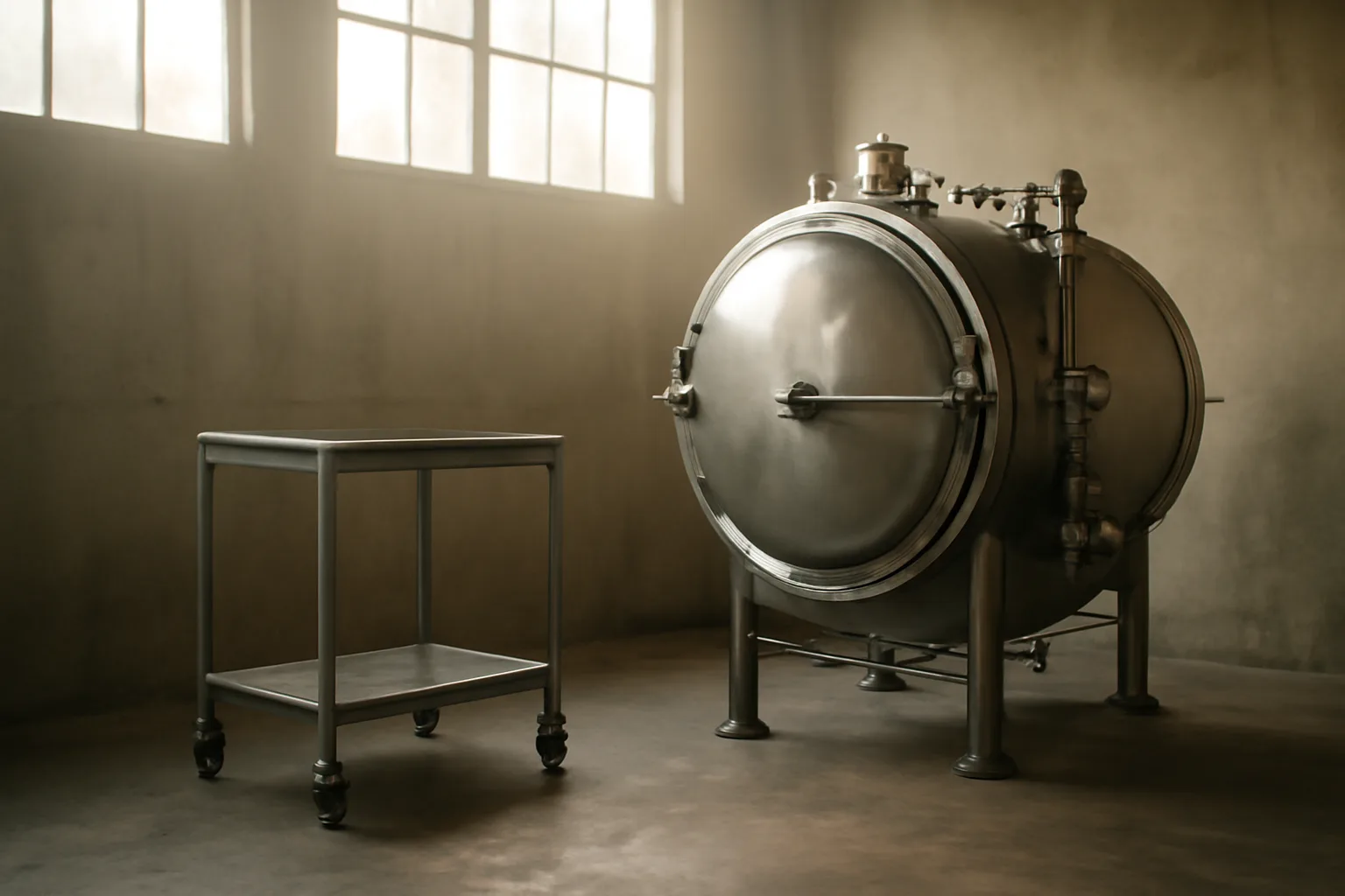 Stainless pet cremation retort in a sunlit Florida workshop