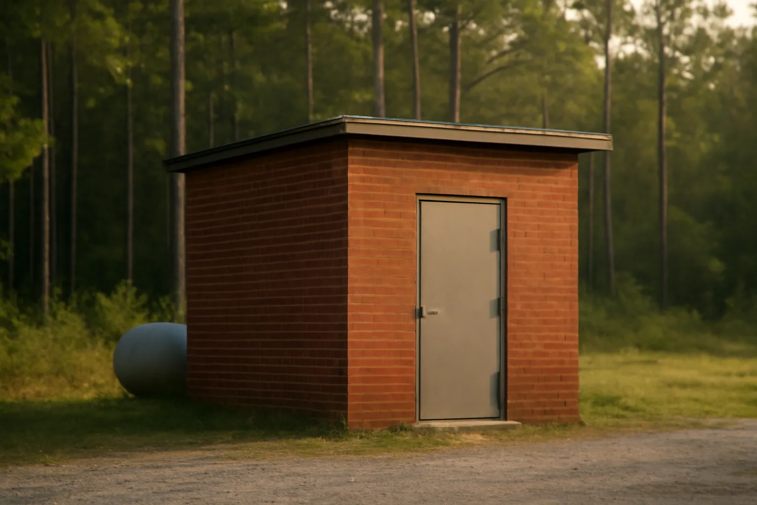 Brick outbuilding beside Georgia pines used for pet cremation